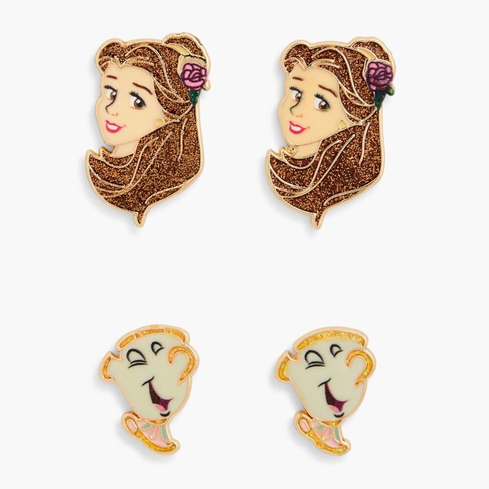 NWT BaubleBar Disney Beauty and the Beast Belle and Chip 2 Stud Earrings Sparkly